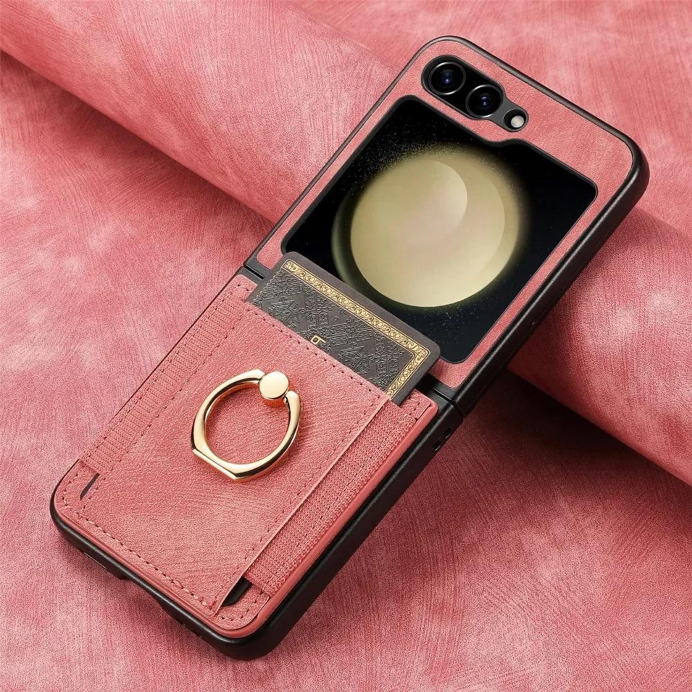 Retro PU Leather Cover for Samsung Z Flip 6 5 4 3 2 Flip6 Flip5 Flip4 Flip3 Flip2 5G Ring Card Slot Holder Wallet Phone Case