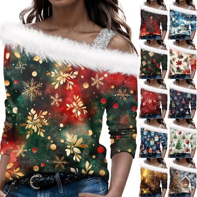 Women's Autumn And Winter Long Sleeved Single Shoulder Strap Christmas Print Pullover Top