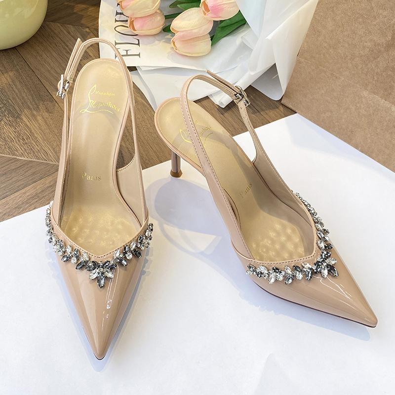 Off-white Rhinestone High Heels Women's Thin Heels Summer New Pointed Beautiful Sandals Sexy Royal Sister Single Shoes