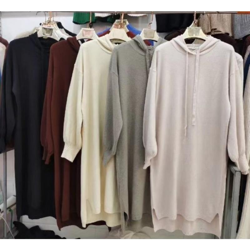 

Autumn and winter new hooded large size knitted dress women s medium and long loose and thin lazy wind sweater skirt One size