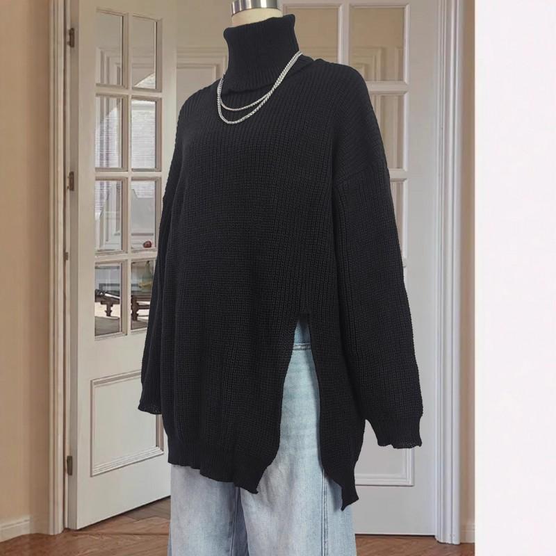 Womens Split Hem Mid-Length Turtleneck Collar Knit Sweater Loose Fit Plus Size Long Sleeve