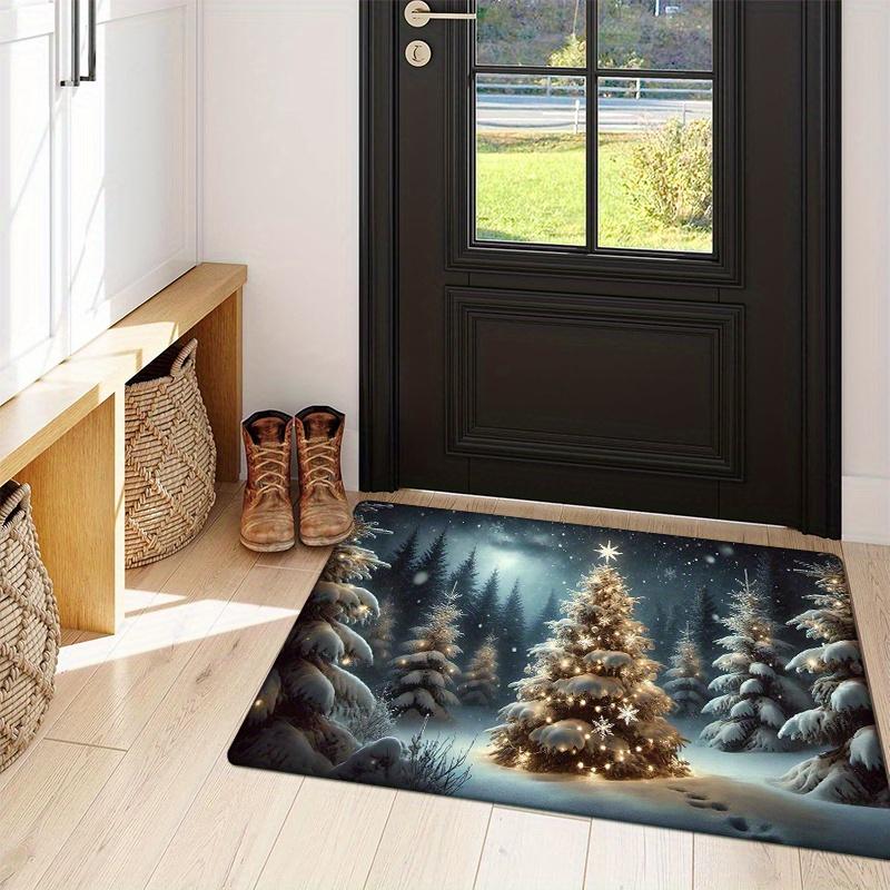 Christmas Tree Flannel Door Mat Carpet,Decorative Print Non-Slip Rug for Kitchen Living Room Bedroom Laundry Bathroom Home Decor