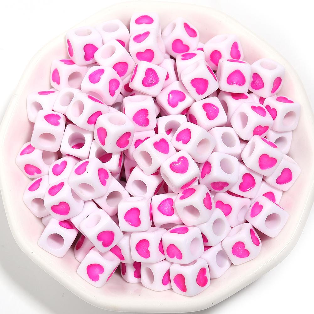 100Pcs 6mm Acrylic Drop Oil Beads Colorful Heart Pattern Square Loose Beads For DIY Bracelets Phone Chains Jewelry Supplies