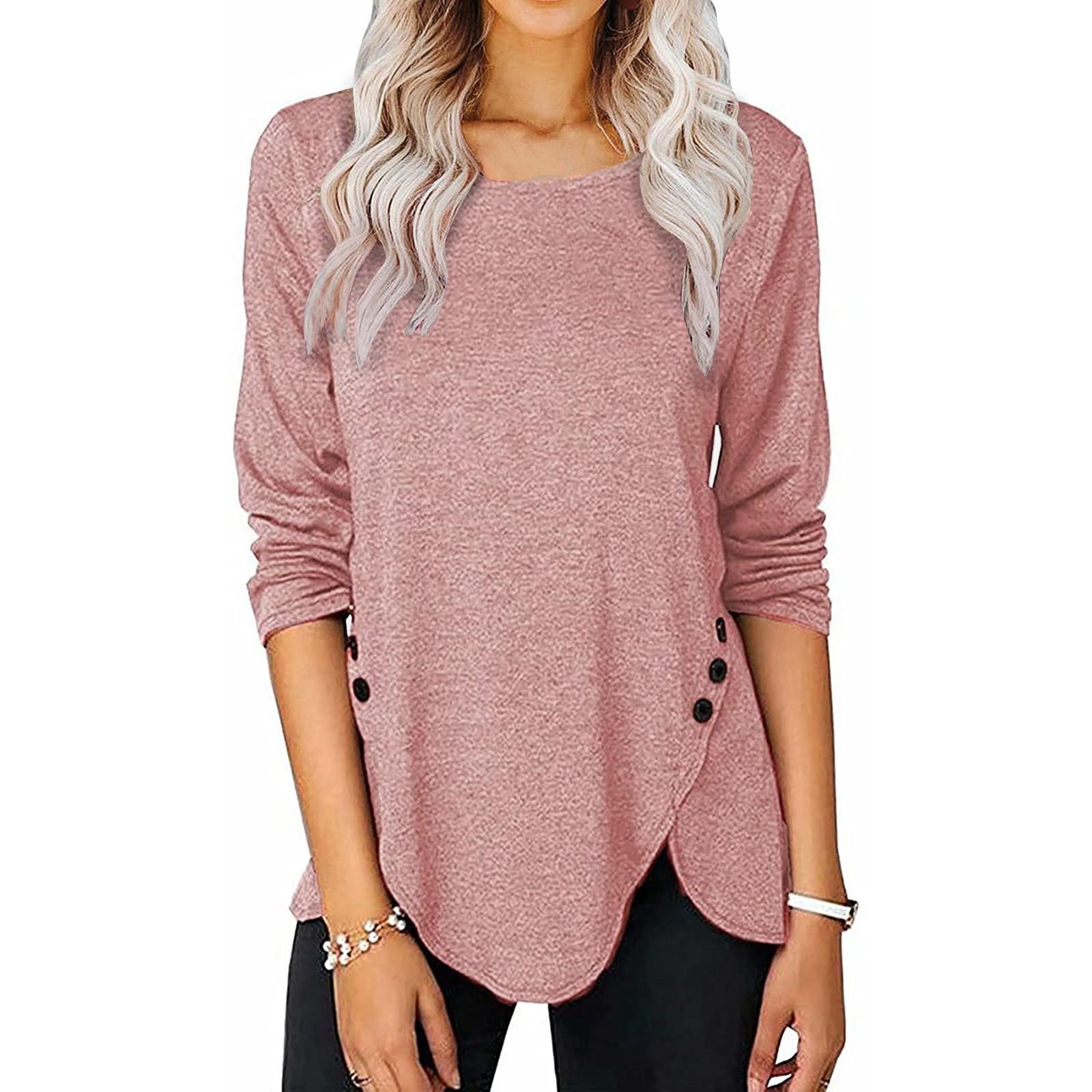 Women Casual Fashion Color Button Long-sleeved T-shirt Women s Top M розовый
