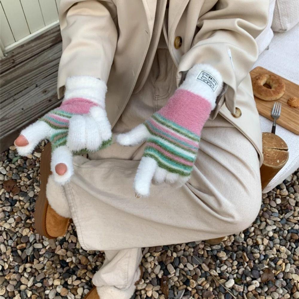 Harajuku Striped Knitted Gloves Rainbow Color Full Fingers Mittens Touchscreen Mittens Winter