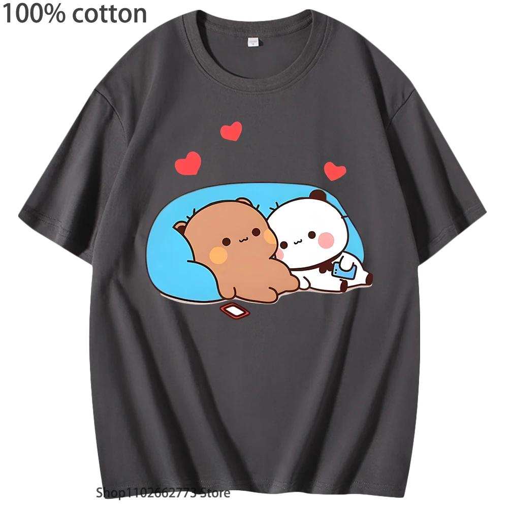 DuDu Bear and BuBu Panda’s Night Days Shirt Summer Clothes Women Kawaii Panda Bear Tshirts 100% Cotton Top Korean Styele Men