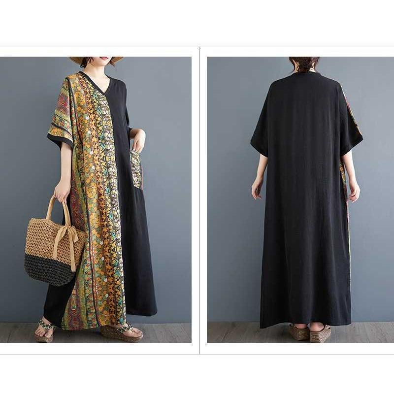 Summer Cotton and Linen Printed Contrasting Dress, Women's Casual Dress