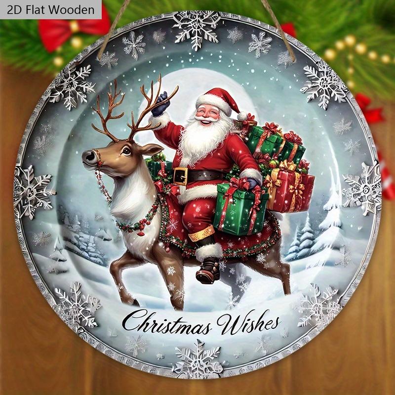 Rustikales Weihnachts-Holzschild mit Weihnachtsmann- und Elchmuster - Navidad Rundes Schild für Haustür, Wandbehang-Dekor - Idealer Weihnachtsschmuck