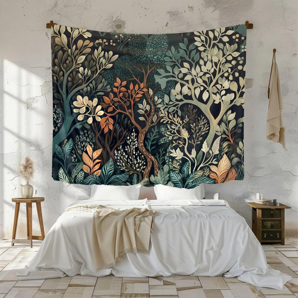 2D Flat Printed Enchanted Forest Leaves Floral Art Tapestry Peach Skin Wall Decor Bedroom Living Room Home Aesthetic Backdrop