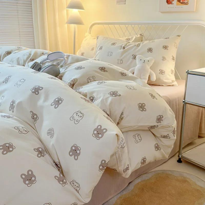 Queen Bedding Set Reactive Printed Bed Sheet Sets Washed Polyester Soft Duvet Cover Bed Sheet Pillowcase Cartoon Bedding Bed Set