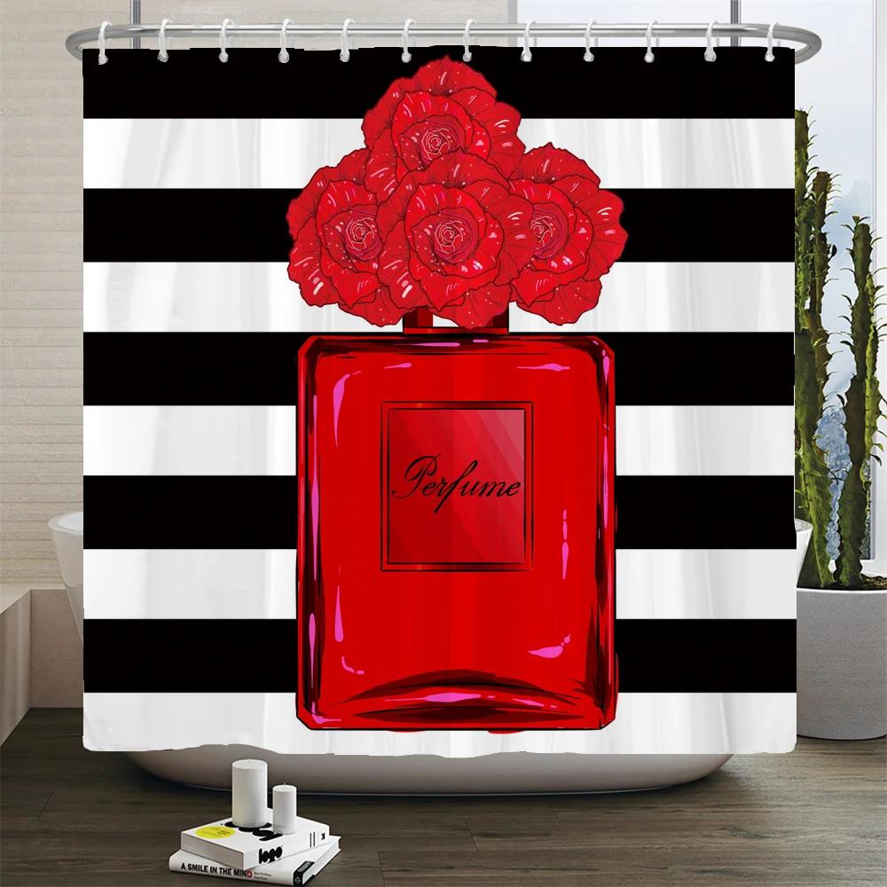 Ladies Perfume Flower Print Shower Curtain Fashion Bathroom Curtains Fashion Girly Women Polyester Bath Curtain Decor With Hooks