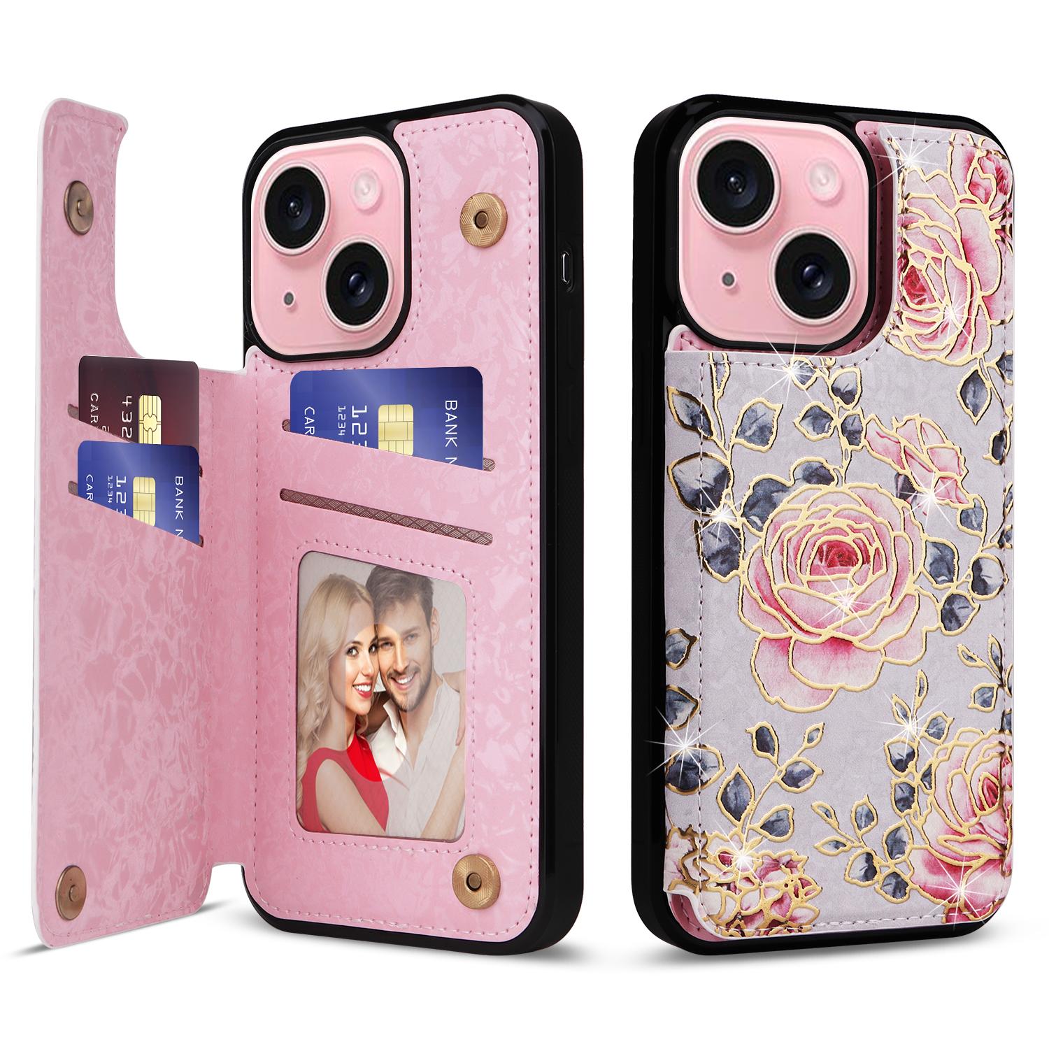 

For iPhone 15 Card Slot Case Kickstand Anti-Drop Flower Printed Phone Cover Rose