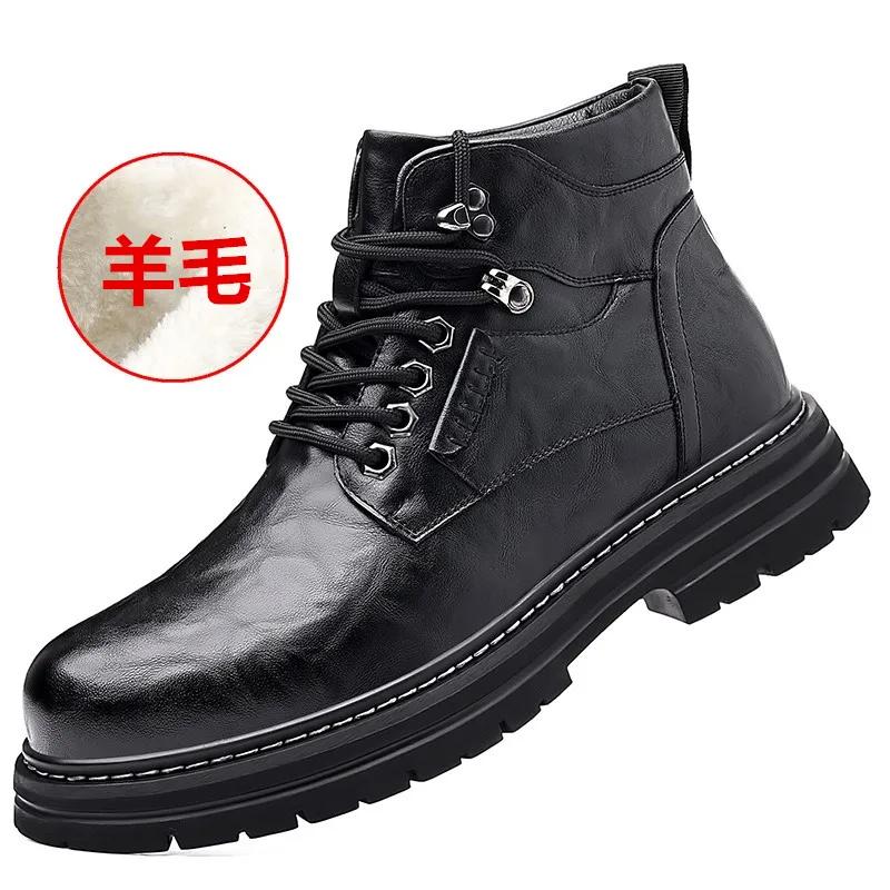 High Quality Winter Velvet Platform Boots for Men Outdoor Waterproof Genuine Leather Boots Male Comfortable Warm Leather Shoes