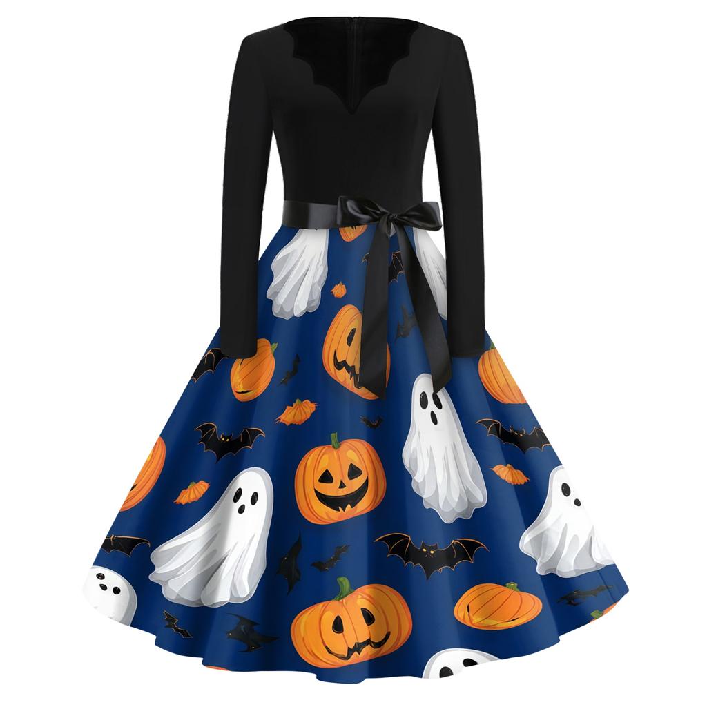 Women's Casual Vintage V Neck Dress Halloween Print Long Sleeve Retro Style A Line Midi Dress with Waist Tie Belt