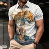 Casual Lapel T-shirt Young Men's Fashion Zipper T-shirt Short Sleeve T-shirt Men's 3D Mighty Men's Short Sleeved Animal Pattern Print T Shirt