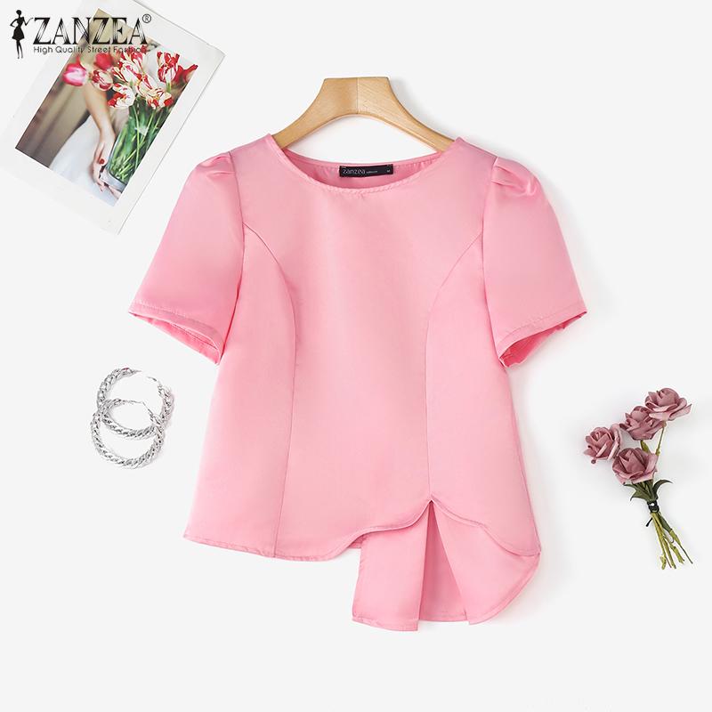 ZANZEA Damen Sommer Rundhals Lässig Kurzarm Einfarbig Bluse