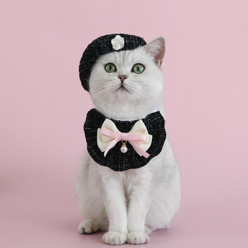 Cat Beret Suit Adjustable Flower Cat Dog Pearl Bow Bib Woven Pet Saliva Towel Wedding Party Bowknot Embroidery Princess Suit