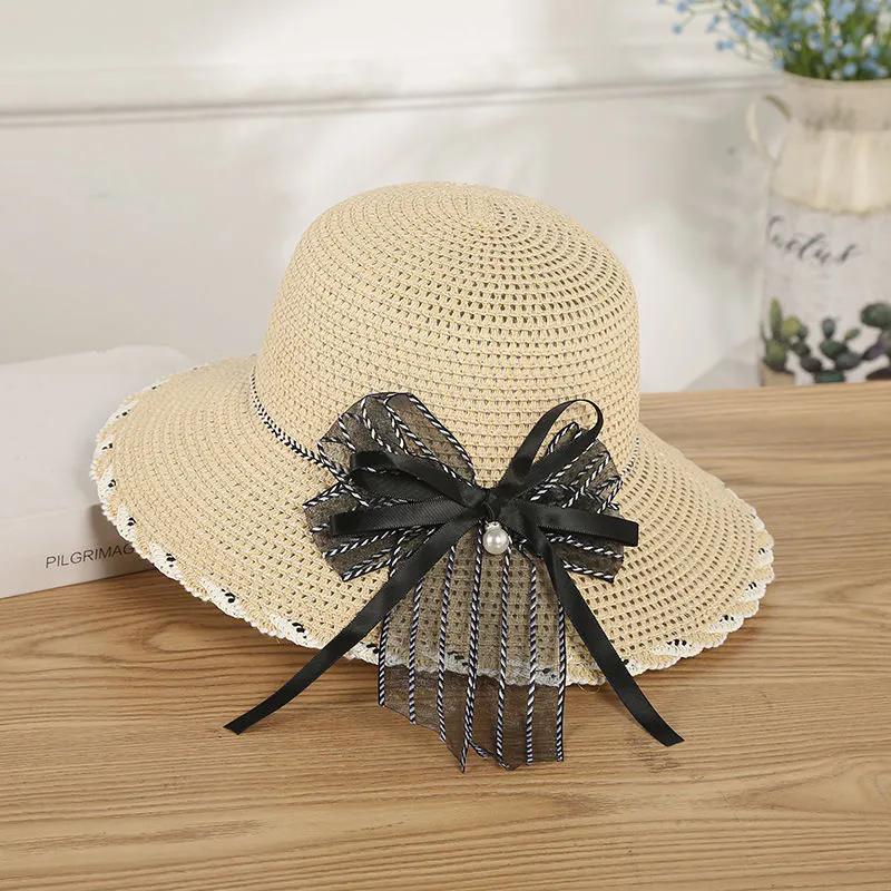 WTEMPO Black Striped Mesh Bow Pearl Women's Wide Brim Solid Color Sun Hats Elegant Casual Foldable Summer Outdoor Sunscreen Hats
