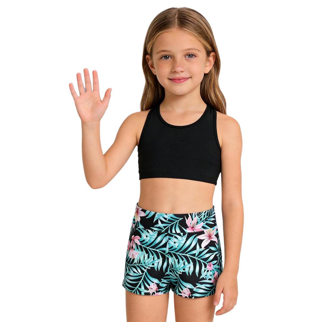 Girls Bathing Suit Set Sleeveless Round Neck Crop Top Wide Elastic Waistband Shorts Beach Swimming Outfit