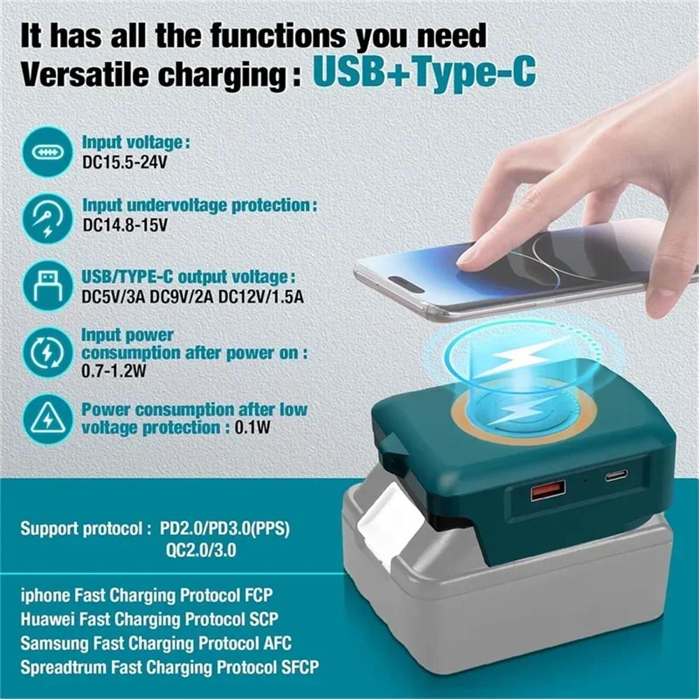 Wireless Charger With Type-C &USB Charge Ports For Makita 18V Li-ion Battery