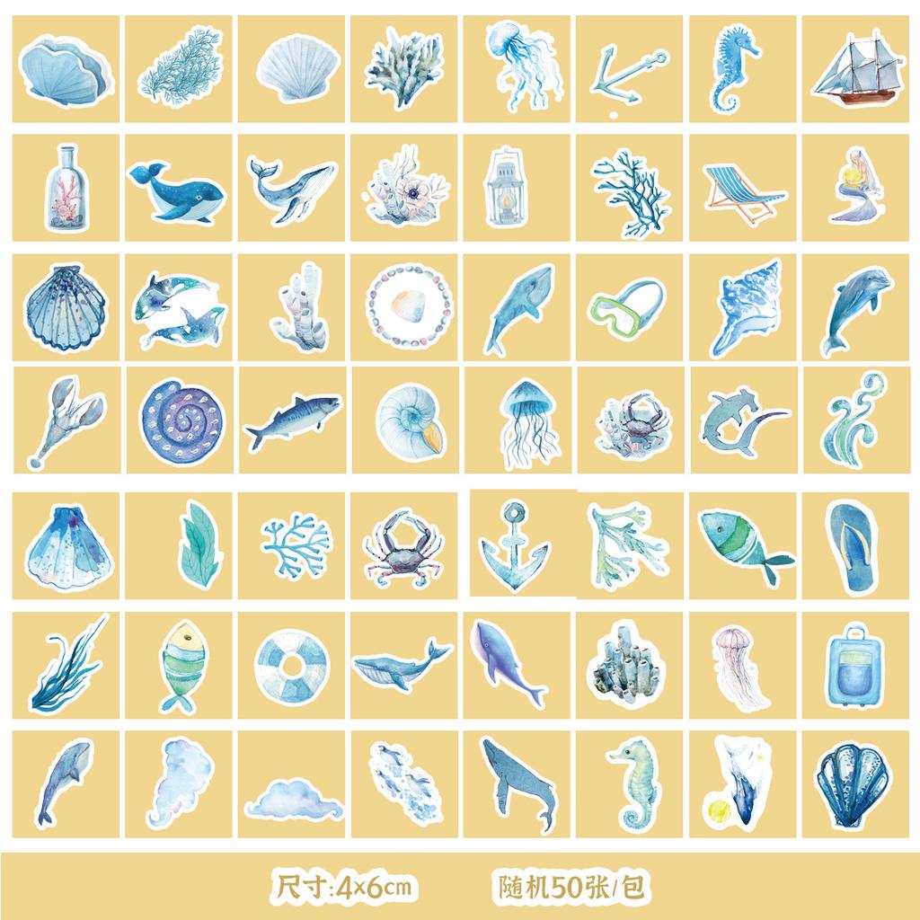 50/100 Sheets of Marine Series Stickers Mobile Phone Water Cup Waterproof Decorative Stickers Children's Hand Account DIY Stickers