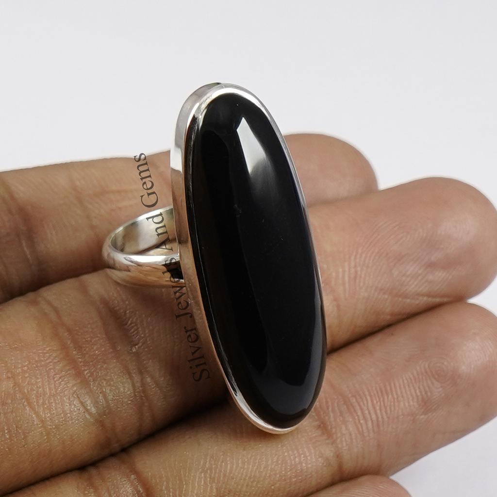 Natürlicher Schwarzer Onyx Ring, Handgefertigter 925er Sterling Silber Ring, Ovaler Onyx Ring, Dezember Geburtsstein, Langer Onyx Ring, Geburtstagsring