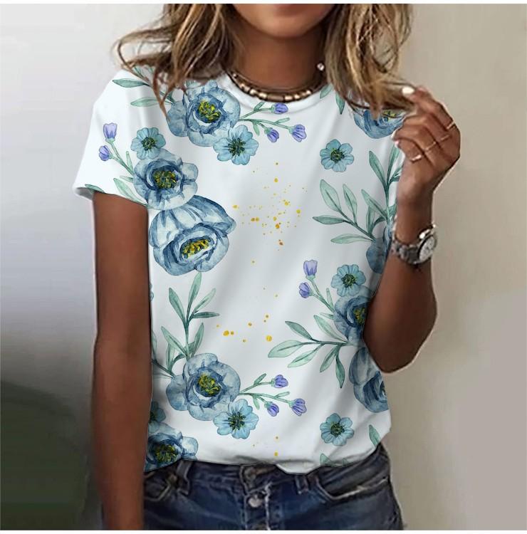2025 Casual Sports Women's T-shirt Summer New Style Garden Collar Short Sleeve Fresh Floral Loose Lightweight Fabric Casual