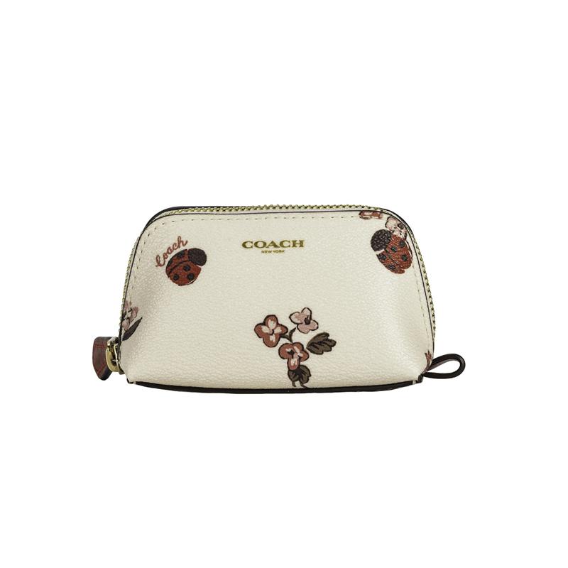 COACH Madi Metal Logo Floral Print Leather Cosmetic Bag Women s Chalk White золотой