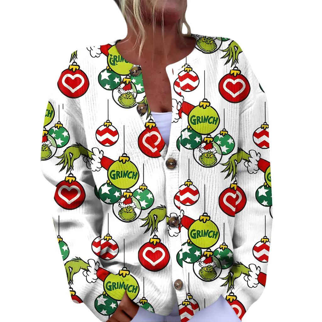 Women's Fashion Christmas Printed Long Sleeve Knitted Cardigan Button Down Jacket