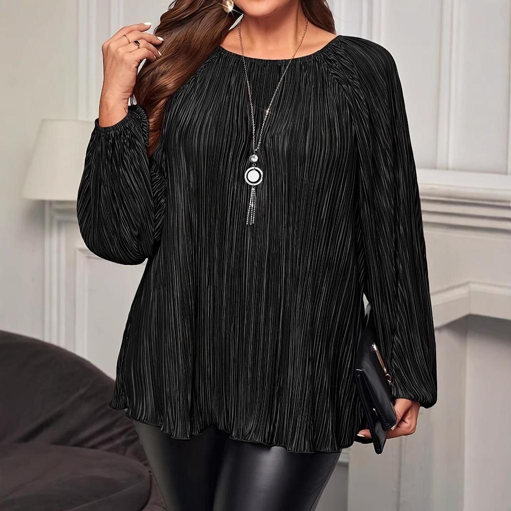 2025 Spring/Summer Plus Size Loose Casual Pearlescent Pleated Long Sleeve Fashion Top for Women