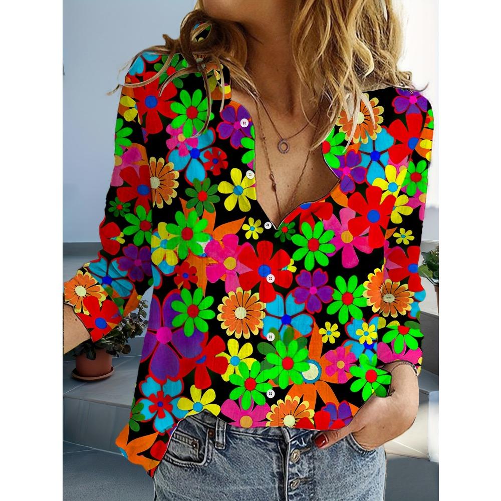 Women's Casual Flower Print Blouse Lapel Neck Blouse Women Long Sleeve Shirts Womens Clothing Casual Clothes Female Clothing