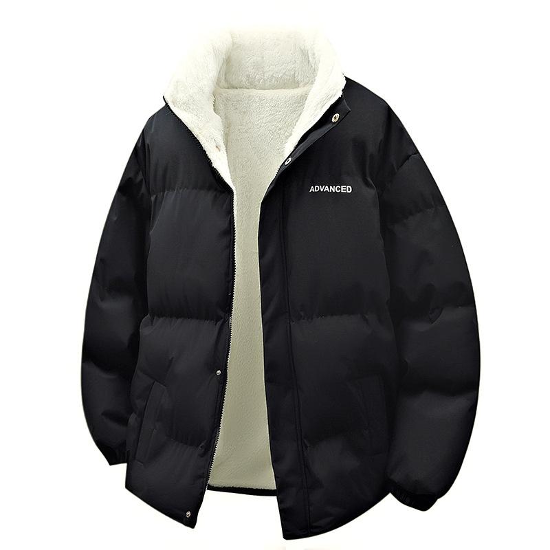 Lamb Cashmere Collar Cotton-padded Jacket Men's Padded Bread Clothes Hong Kong Wind Couple Cotton-padded Jacket Plus Velvet Coat.