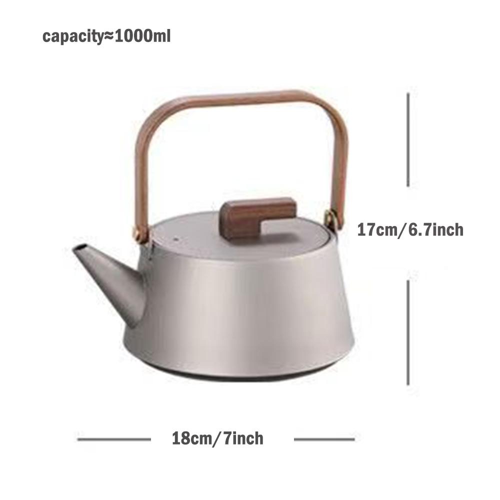 Pure Titanium Tea Kettle, 99.9% Titanium Metal Teapot with Wooden Handle, Camping Boiling Water Kettle, Healthy Tea Infuser, 1L