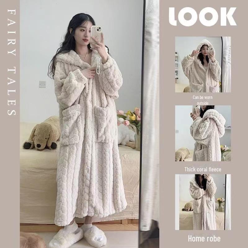 Pijama de fetițe din fleece coral cu ursuleț: Călduros, Drăguț, Cu Glugă, Plus Catifea, Cămașă de Noapte Toamnă/Iarnă