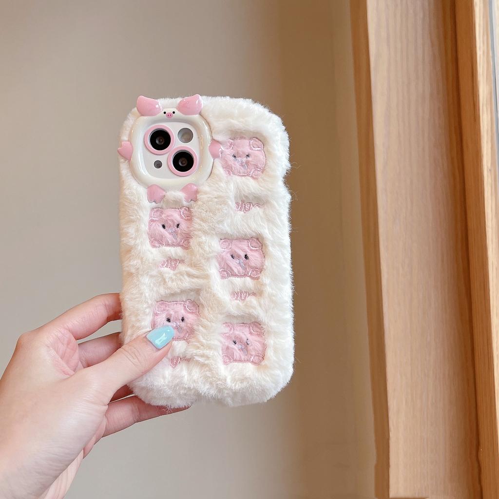 Plüschstickerei für iPhone 16 Pro Max Cartoon rosa Schwein Apfel 1514 stoßfester Schutzbezug Ins-Stil