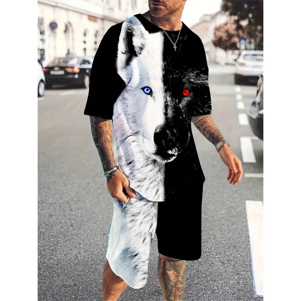 Summer Fashion Animal Print Suit Black and White Tiger 3D Pattern Outdoor Street Shooting Sportswear Men's Casual T Shirts 2 Piece Set
