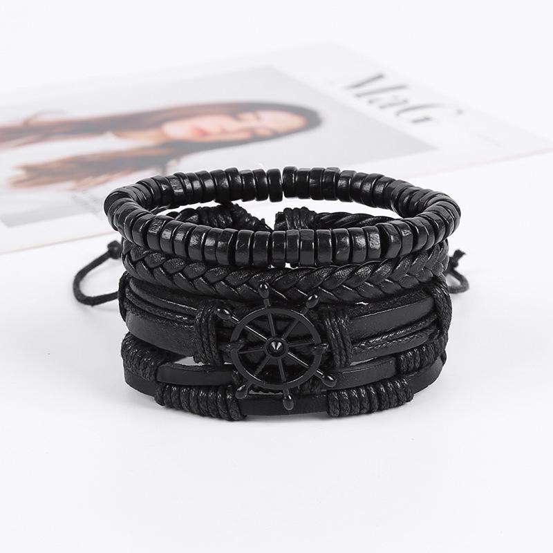 4-Piece DIY Weaving Bracelet Set: Fashionable Black & Brown Ship Wheel Cowhide Bracelets for Men & Women, Retro Style Jewelry.