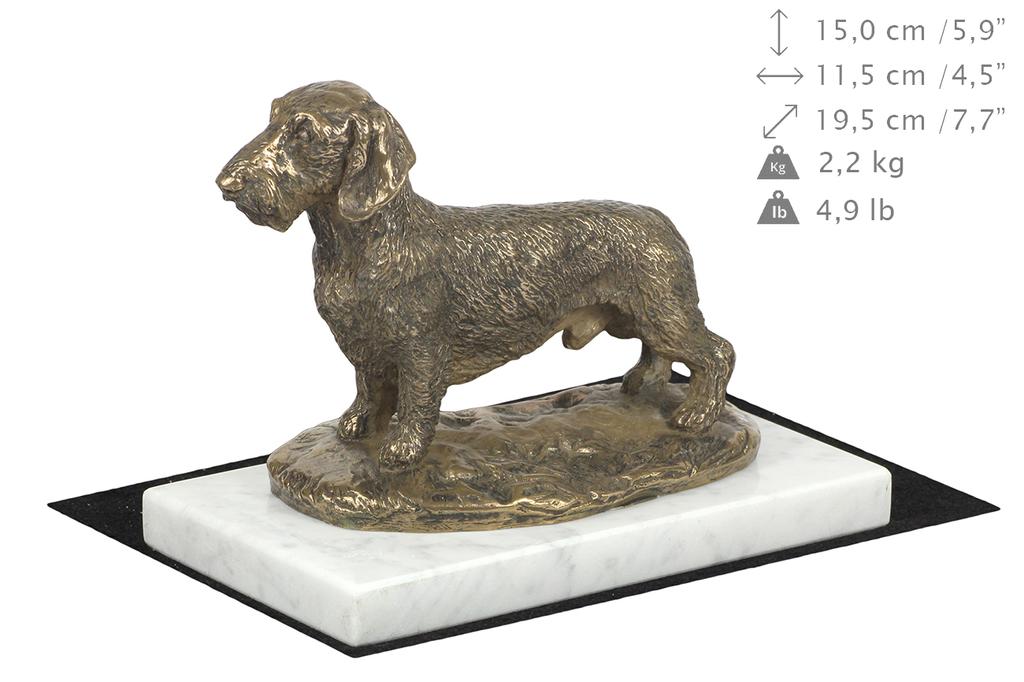 Rauhaardackel, Wiener Hund, Dachshund - Hundefigur, Statue auf weißem Marmor, Trophäe für die Art-Dog-Hundeausstellung