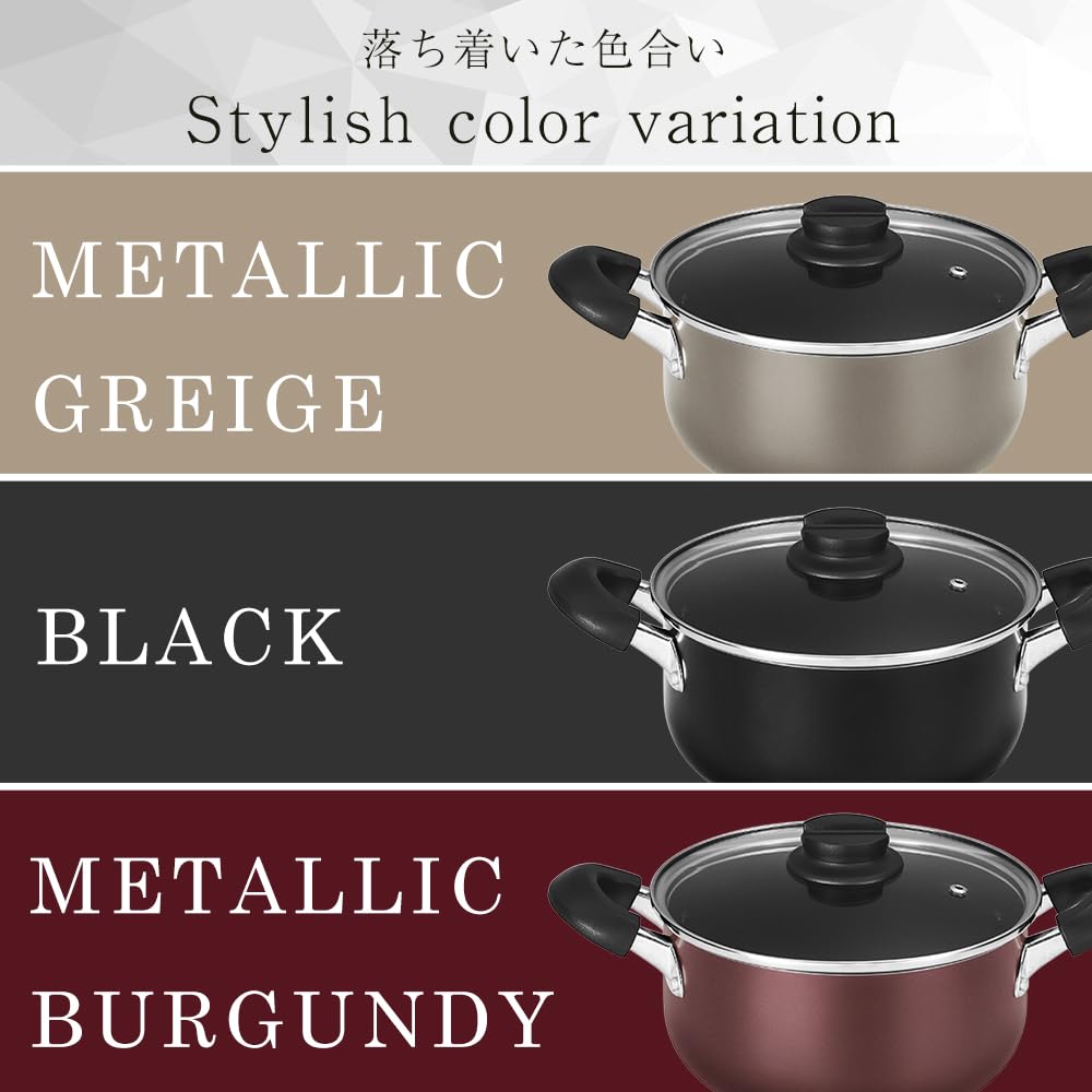 Iris Ohyama 20cm Pot with Glass Diamond Easy to Metallic Greige Double-Handled Lid, Gas/IH Compatible, Lid, Coating, Long-lasting, Non-stick, Clean,