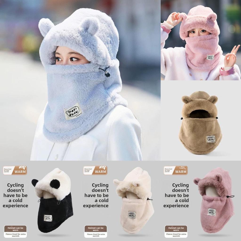 Panda Plush Hat For Winter Cycling Warm Windproof Faux Fur Beanie For Commuters