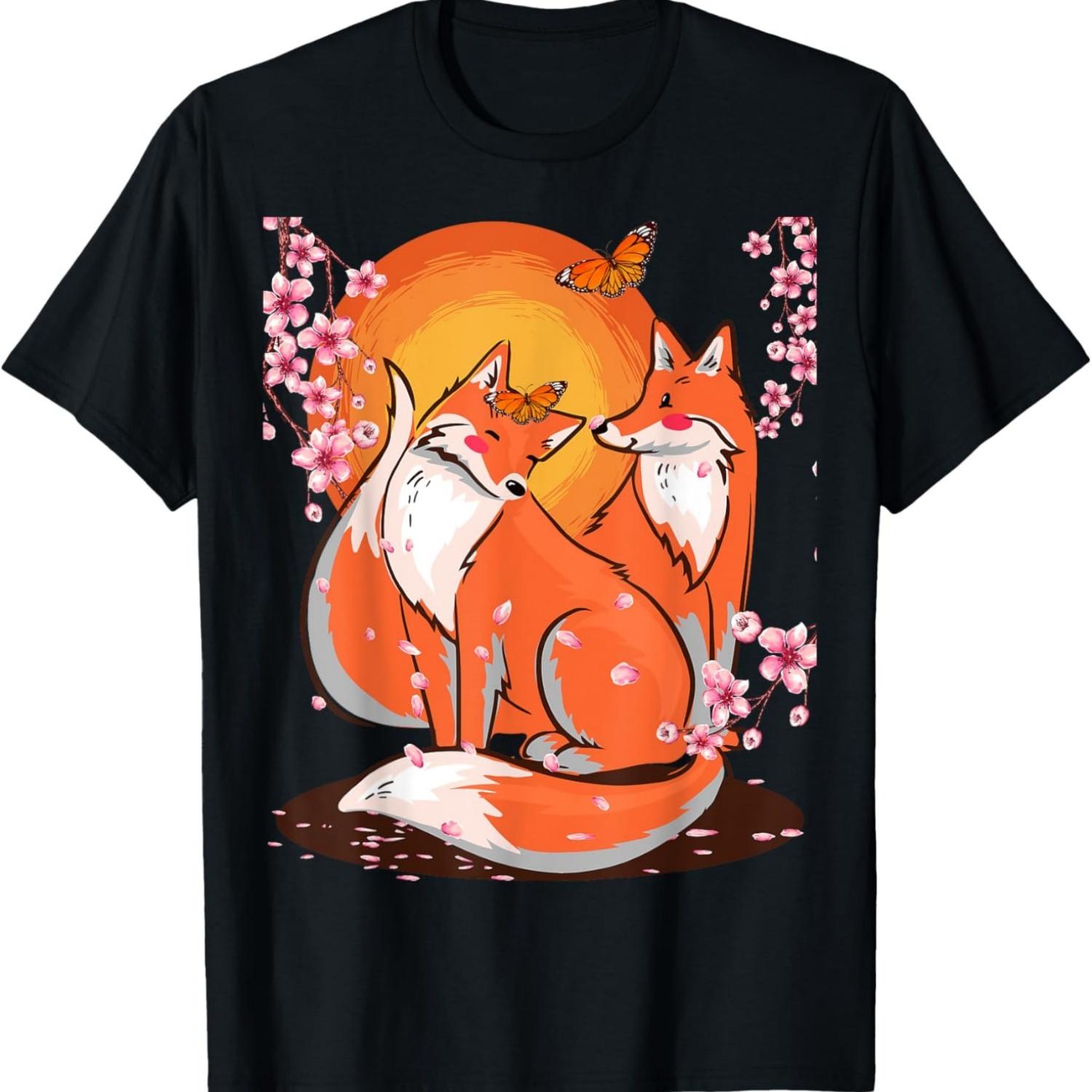 Kawaii Fox Blossom Sakura Cherry Blossom Fox Lover T-Shirt S чёрный