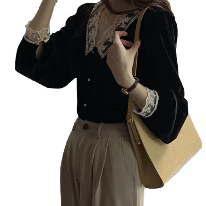 2025 V-Ausschnitt Spitze Patchwork Samt Oberteil - Damen Koreanischer Hofstil