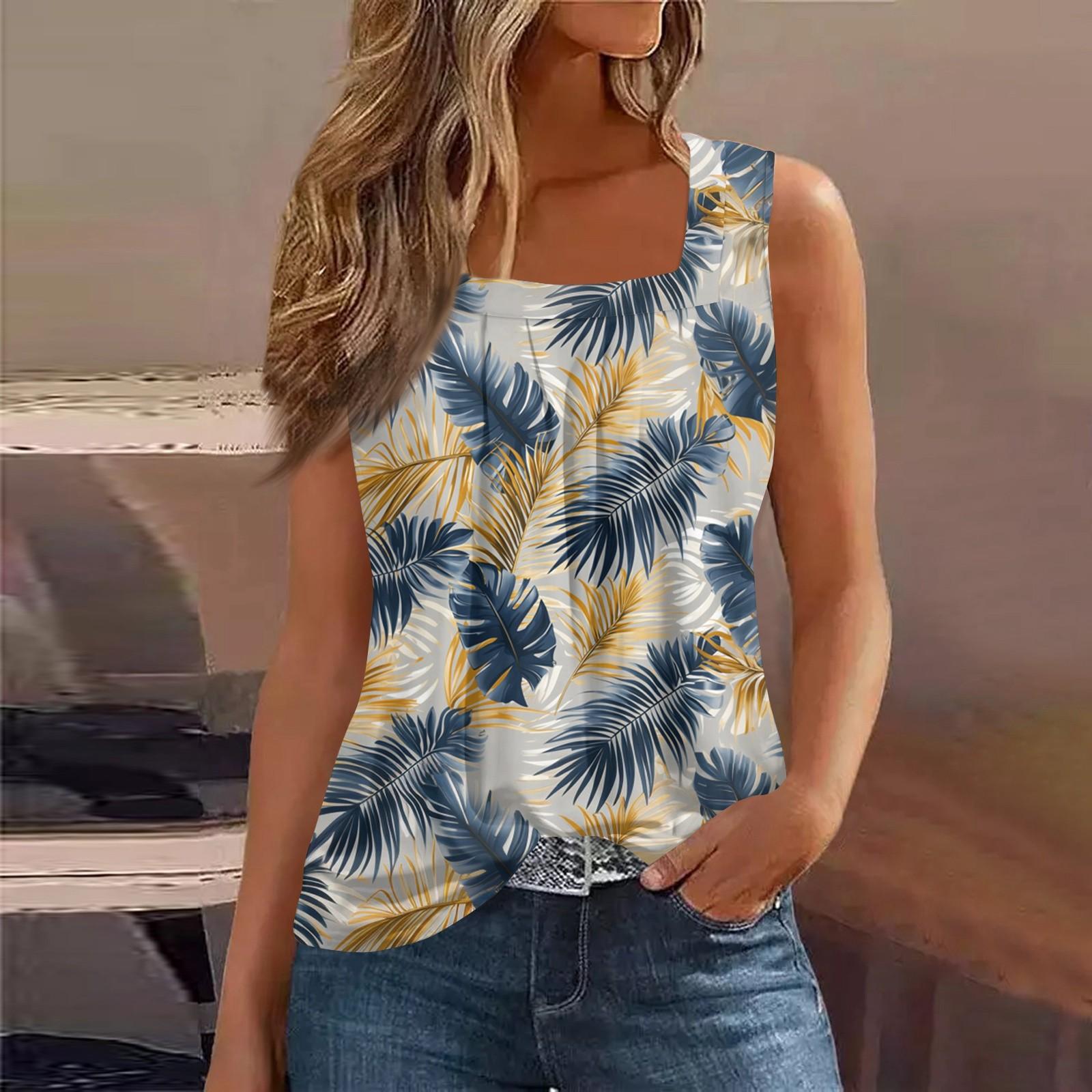 Square Collar Tank Top Women Print Tank Tee Casual Loose Fit Sleeveless Shirt XL