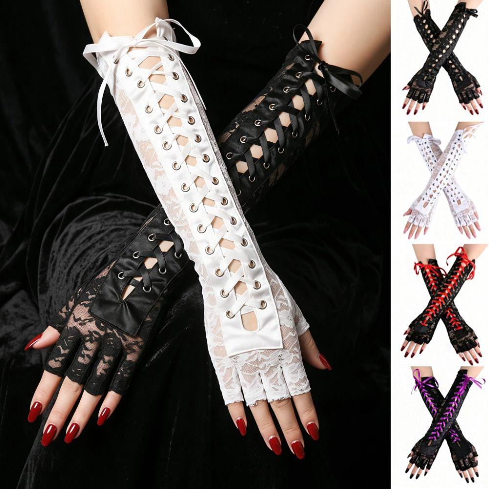 Lolita Lace Strap Gloves Long Gloves JK Women Gloves Sweet Ribbon Half Finger Gloves Photography