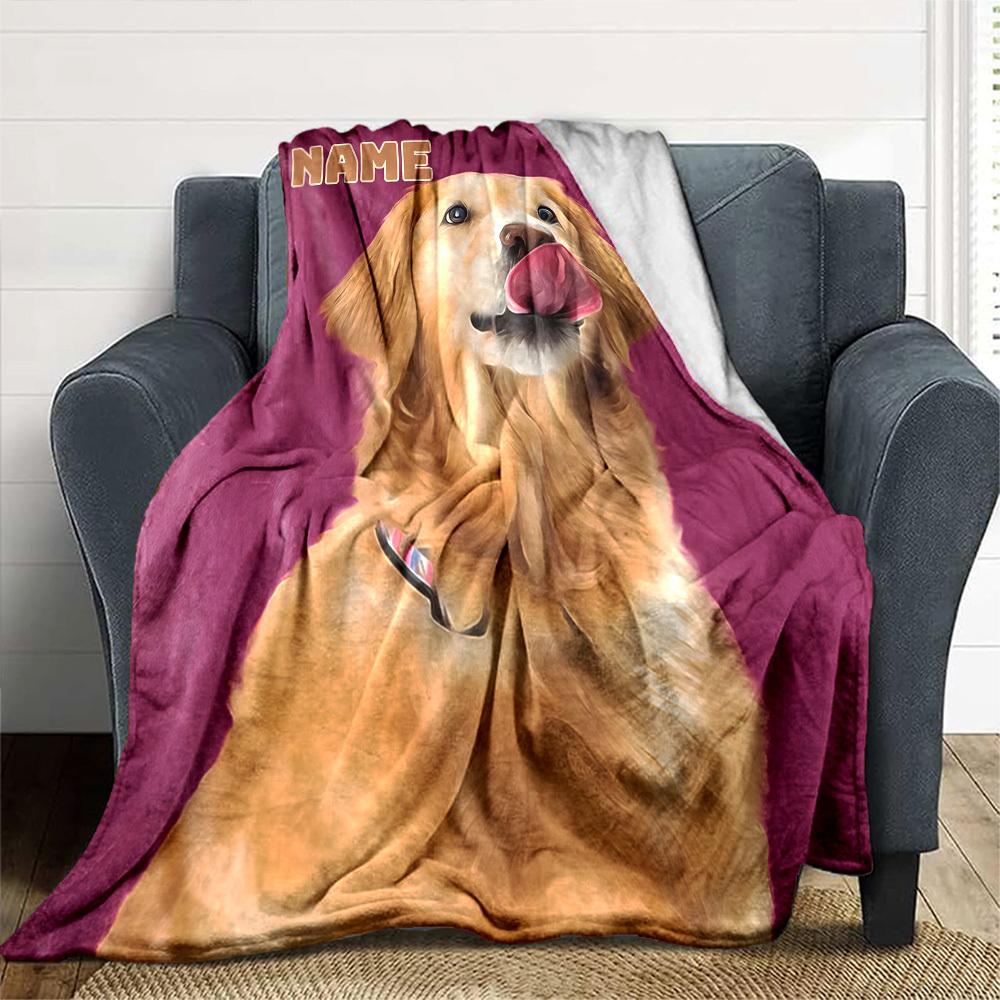 Golden Retriever Licking Nose Gift Personalized Blanket Personalized Text Soft Cozy Versatile For Sofa Couch Office Bed Picnics Four Seasons