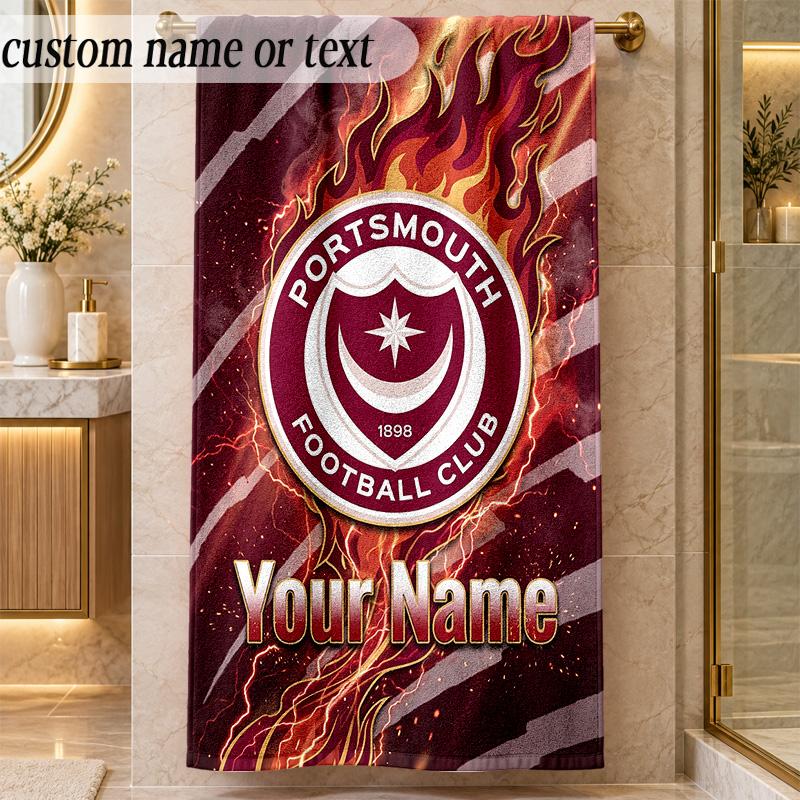 Beach TowelPortsmouth FC Custom Name Text Personalized Soft Towel for Beach Pool Indoor Home Decor Gift