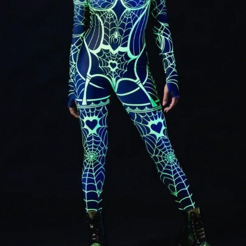 Unisex Cyber Punk Spider Web 3D Digital Printing Halloween Cosplay Costume Women Men Carnival Jumpsuit Party Role Play Outfit