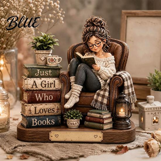 Bookish Gifts for Women Wooden Reading Girl Figurine Book Lovers, Personalized Desktop Bookshelf Decor with Ornaments Stacked Design Home Library