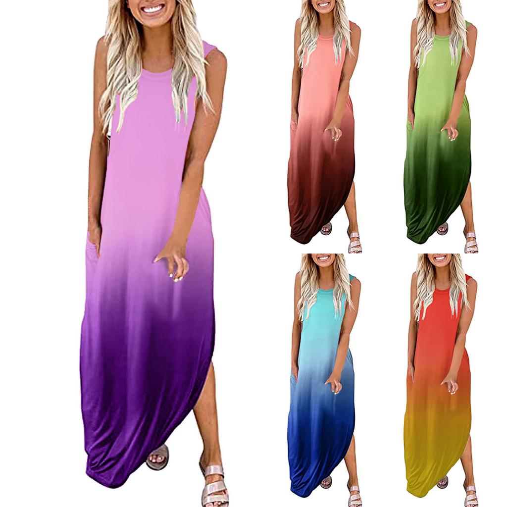 Fashion Women's O-Neck Print Leisure Sleeveless Tank Pocket Casual Dress