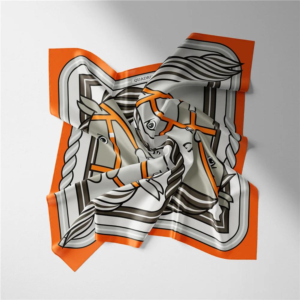 Twill Silk Scarf Woman Horse Head Painting Square Scarves Wraps Bandana Small Hijab Silk Foulards Tie Headband Neckerchief 53CM